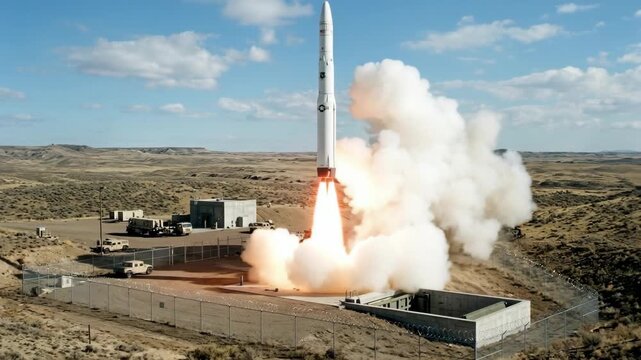 Ballistic missile launch generates massive smoke plumes ascending from desert launchpad with military vehicles
