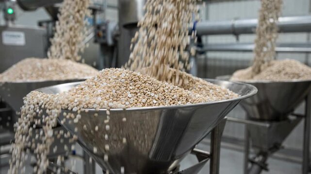Naturaltoned polymer granules streaming into feeding hoppers showcasing raw uncolored materials preparing for melting in sustainable production lines.