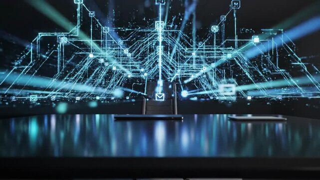 Network technology schematic desk laptop tablet data communication digital communication marketing technology network message schematic connecting