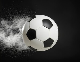 Naklejka premium Dust Trail Ball. Soccer/Football. Studio Action-Inspired Product Photography. Cinematic Sports Motion. A football gliding forward leaving a dust trail, set in a dark studio with smooth gradient 