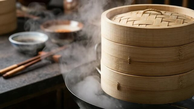 Steaming bamboo basket with rising steam over a wok and chopsticks on a counter