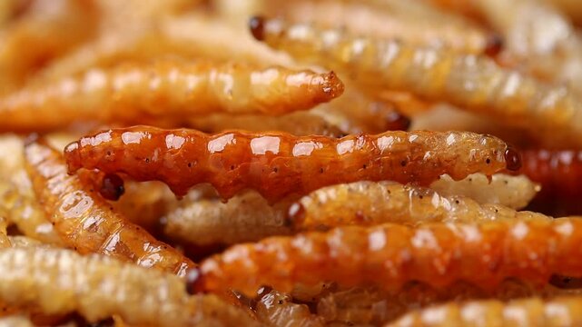 Close-up of fried bamboo worms or bamboo caterpillar rotating slowly. Thai street food