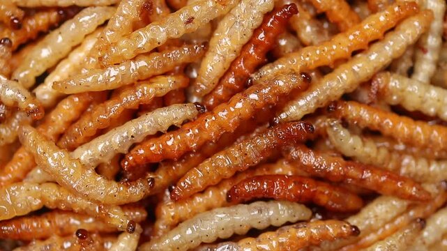 Pile of fried bamboo worms or bamboo caterpillar rotating slowly. Top view shot