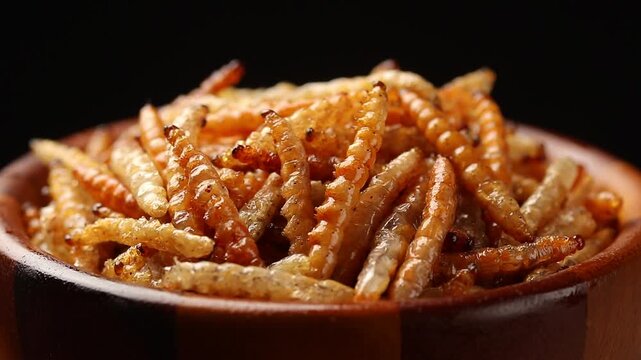 Fried bamboo worms or bamboo caterpillar in brown wooden bowl rotating slowly on balck background. Thai street food