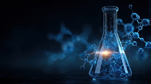 Scientific abstract illustration of a flask and molecules with connected dots