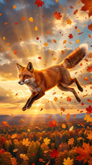 Fototapeta premium Surreal Jumping Fox Amid Autumn Leaves at Sunset 