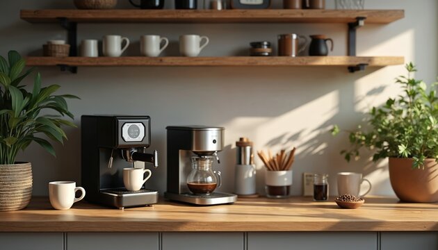 Modern kitchen counter features espresso machine drip coffee maker and cups. Coffee station setup with beans grinder and plants provides morning beverage prep.