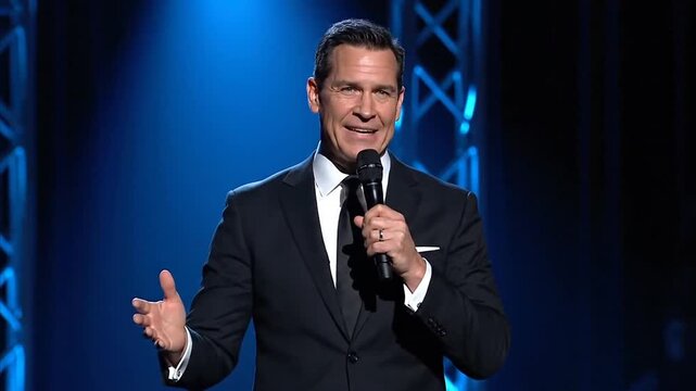 Man in suit giving speech on stage.