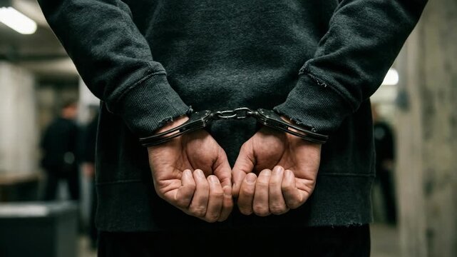 Person's hands cuffed behind their back in a dimly lit hallway with law enforcement blurred in background