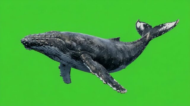 Humpback whale swims gracefully against a bright green screen background