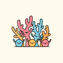 Fototapeta premium A whimsical illustration depicts a smiling group of stylized plant-like creatures in various colors, with round faces and arms raised