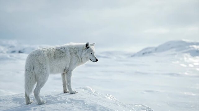 Arctic wolf stands on icy terrain under a pale sky