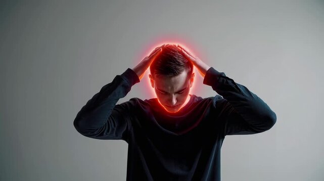 Young man wearing a dark blue shirt stands against a solid gray background, experiencing a severe headache visualized by a pulsating red aura surrounding his head as he holds it with his hands