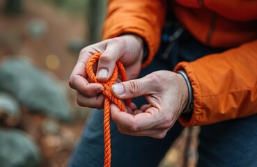 Fototapeta premium Person ties knot in orange climbing rope with focus on hands and equipment. Outdoors mountain forest prep for rock climbing adventure. Safety gear detail shot.