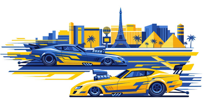 Drag Racing Cars Speeding Past Las Vegas Skyline with Iconic Landmarks