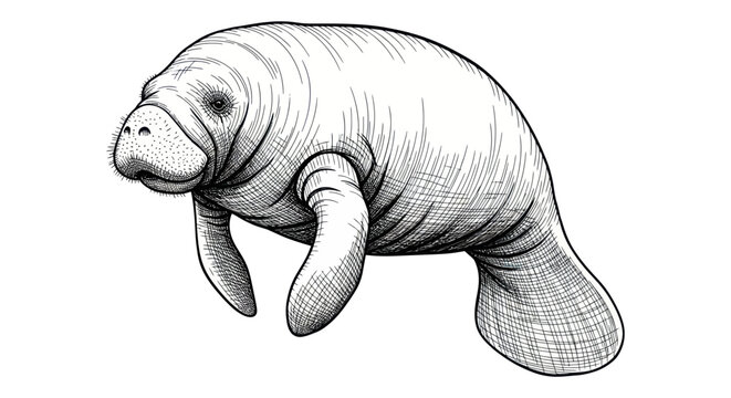 Manatee illustration, gentle sea cow drawing, marine mammal, Florida wildlife, white background