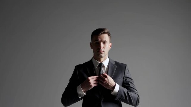 Elegant businessman in suit adjusting his tie on gray background, preparing for a professional setting, exuding confidence and attention to detail