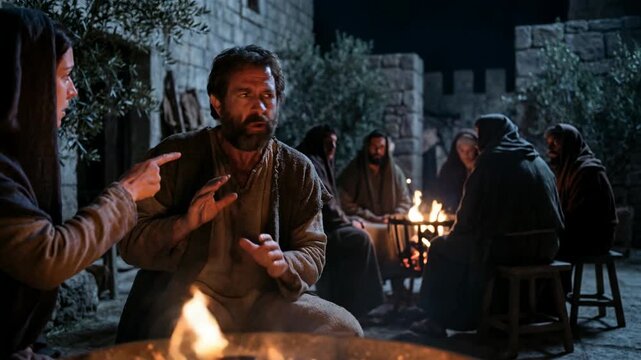 Woman confronts man deny Christ by campfire. Peters denial in ancient setting with a group around fire at night.