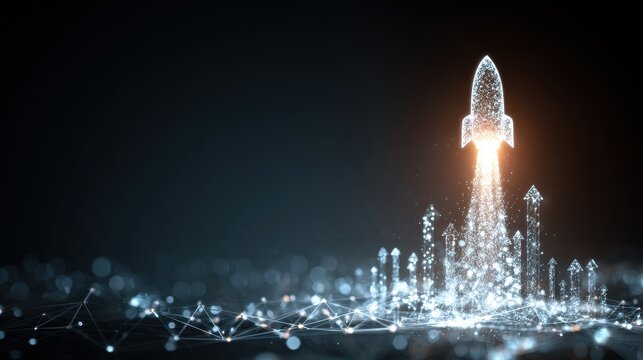 Digital rocket launch growth concept with technological data visualization