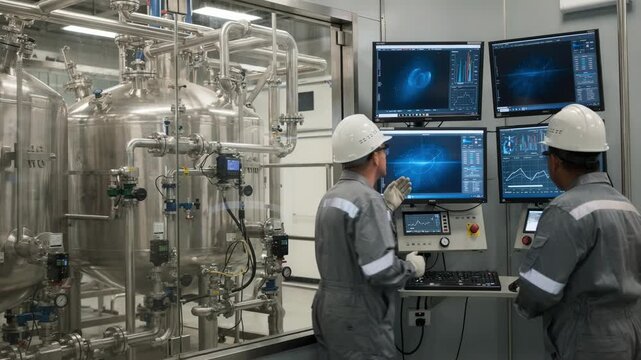 Medium shot of operators monitoring a continuous polymerization reactor system showcasing automated flow controls and realtime data monitoring in an industrial setting.