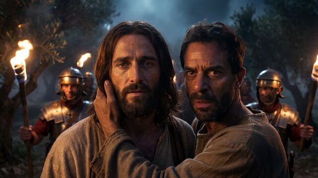 Man being kissed by another man while roman soldiers with torches approach in the background of the garden