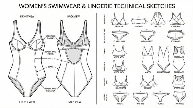 Technical swimwear and lingerie sketch sheet showing bras, bikini cuts, trims, one‑pieces, bottoms, racerback straps, princess seam details.