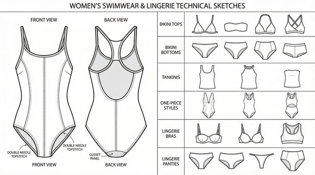 Technical swimwear and lingerie sketch sheet showing bras, bikini cuts, trims, one‑pieces, bottoms, racerback straps, princess seam details.