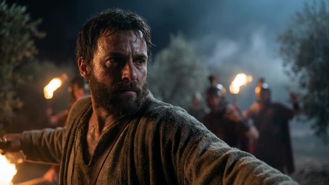 Gethsemane man with sword raising defense toward Roman soldiers with torches, illustrating biblical betrayal of Jesus Christ