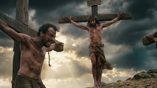 Crucifixion of Christ from different angles, showing man on cross on left and right, suffering with Christ, concept of good friday.