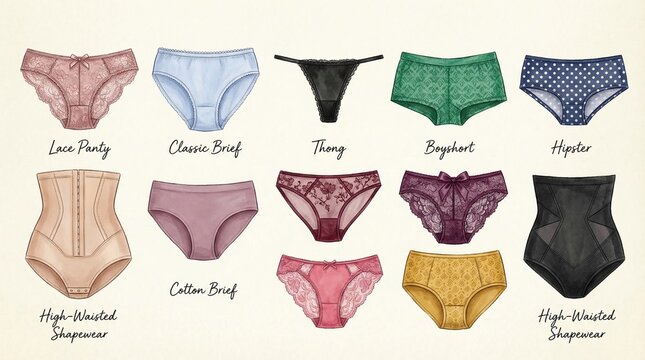 Women&rsquo;s underwear style chart featuring lace, briefs, thongs, boyshorts, hipsters, shapewear, bikinis, cheeky cuts, minimal silhouettes.