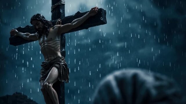 A woman grieves in rain next to christ on a cross, religious suffering and passion week theme