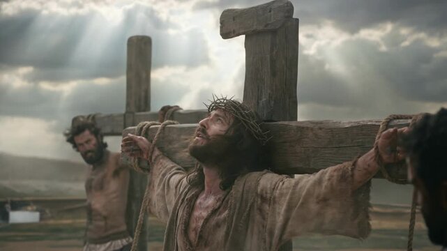 Man, embodying Jesus, on a cross with crown of thorns, a robber in the background, and another man near for religious depiction