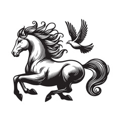 A horse and a bird in a stylized black and white illustration © Mdekramul