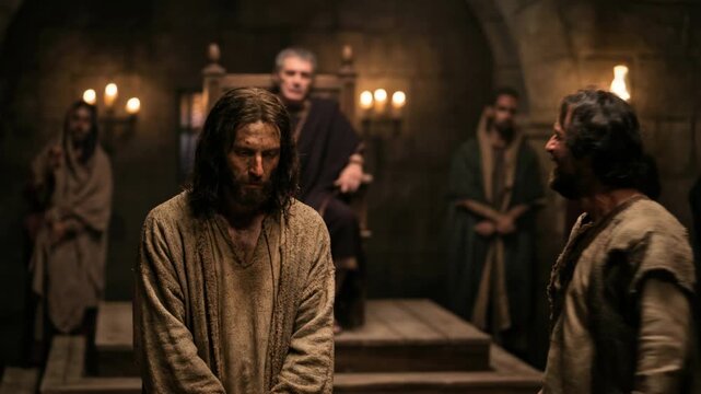 Man in ancient attire with bound hands stands before pontius pilate and barrabas in a dark room during the trial process