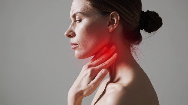 Caucasian woman gently touching inflamed throat area against gray background, experiencing discomfort and pain potentially related to thyroid gland issues