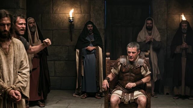 Jesus stands trial before Pontius Pilate as a shouting man demands Barabbas release. Biblical scene of religious judgment in ancient stone court with high priest.