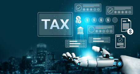 A robotic hand engages with interactive digital tax and finance elements, showcasing futuristic...