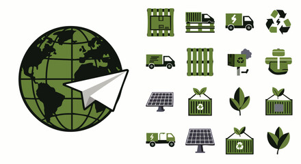 Obraz premium Sustainable global logistics and eco-friendly transport icon set. Green shipping, renewable energy, and environmental delivery solutions vector illustration.