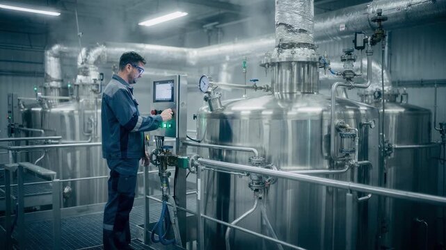 Medium shot of technician monitoring fully biobased polymer resin production in industrial reactor showcasing ecofriendly alternatives to petrochemical plastics.