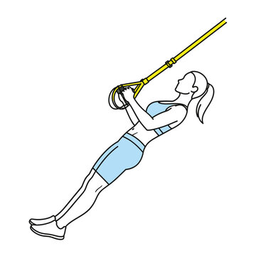 Woman performing suspension training exercise with TRX straps.