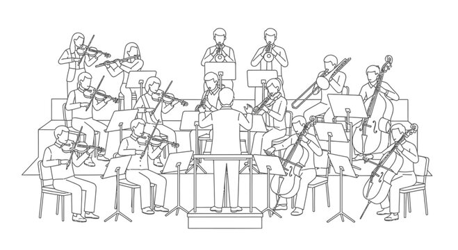 Orchestra performing classical music on stage with conductor.