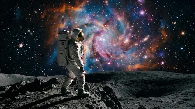 Astronaut standing on rocky surface with colorful nebula and stars in background