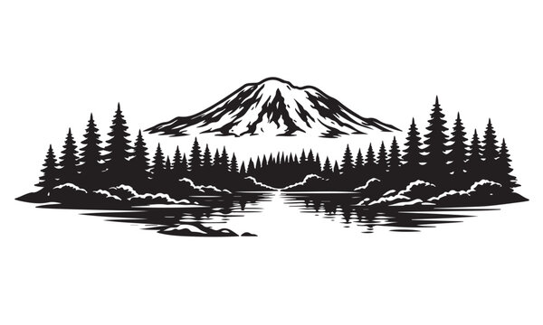 Mount Rainier National Park Silhouette, Silhouette Vector, Isolated on White Background