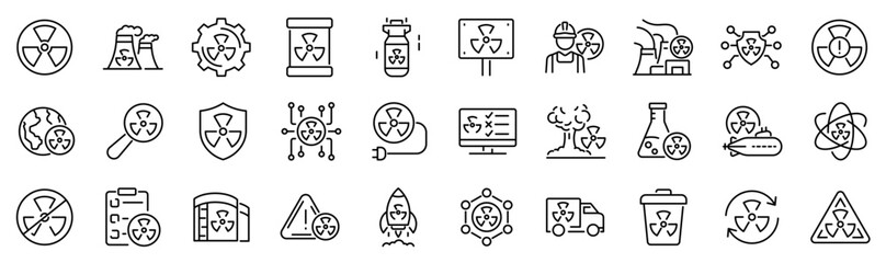 Set of 30 outline icons related to nuclear sign. Linear icon collection. Editable stroke. Vector illustration