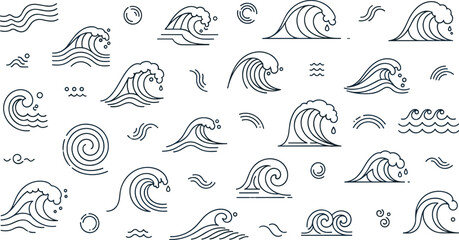 Obraz premium Ocean Wave Line Art Vector Set Featuring Hand Drawn Sea Waves, Water Swirls, Splash Elements, and Minimal Marine Motion Designs for Creative Use.