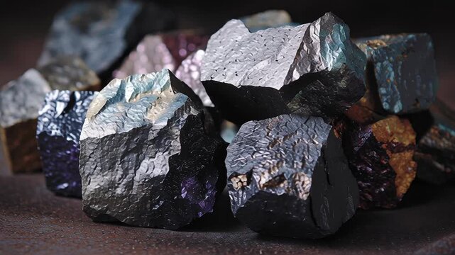Macro close-up of raw rare earth mineral rocks including neodymium and cobalt scattered together on a dark surface. The stones display a variety of natural colors&mdash;metallic gray, deep black, rusty brow