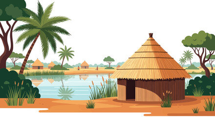 Fototapeta premium African Village Landscape with Thatched Hut and Palm Trees by the Water