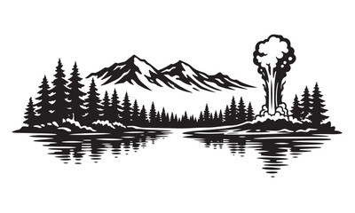 Fototapeta premium Yellowstone National Park Silhouette, Silhouette Vector, Isolated on White Background