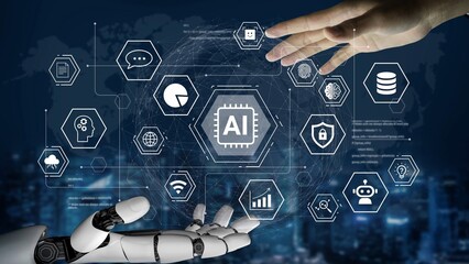 Futuristic Concept of Human Hand Reaching Out to Robotic Hand with Artificial Intelligence Icons...