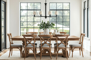 Fototapeta premium Bright farmhouse dining room with wooden table and chair, large window, chandelier, natural light, green plant centerpiece, neutral decor, cozy atmosphere